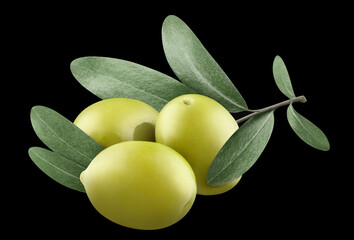 Delicious olives with leaves, isolated on black background