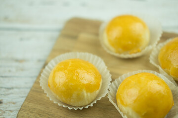 Chinese pastry or mooncake filled with mung bean paste. Selective focus