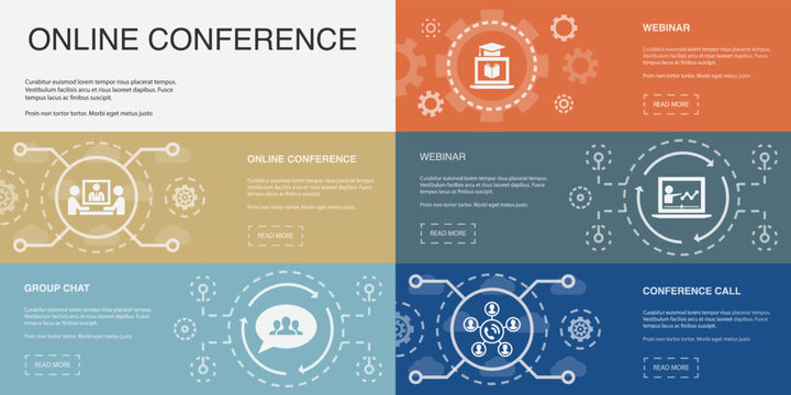 Online Conference, Group Chat, Online Learning, Webinar, Conference Call, Icons Infographic Design Template. Creative Concept With 5 Steps