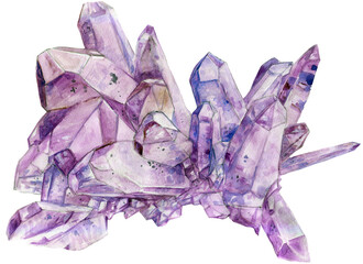 Amethyst crystal cluster watercolor illustration, violet quartz mineral, purple crystals, mineral, stone, gem, 400 dpi png with transparent background