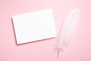 Holiday greeting card mockup with white feather on light pink background, top view, flat lay. Blank wedding invitation or Valentine Day letter mockup