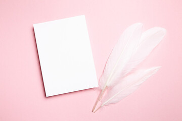 Holiday greeting card mockup with white feather on light pink background, top view, flat lay. Blank wedding invitation or Valentine Day letter mockup