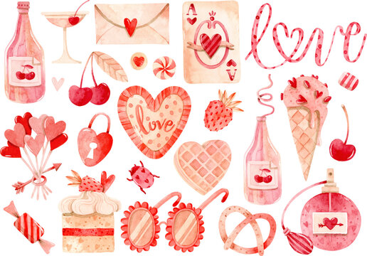 Valentine's day retro pink watercolor isolated clipart set