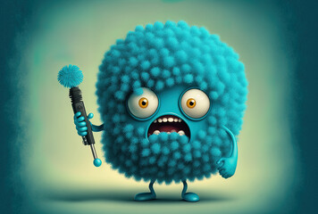 virus agents assault the fluffy comic book mascot of a charming fluffy bacterium with a viral disease. Generative AI