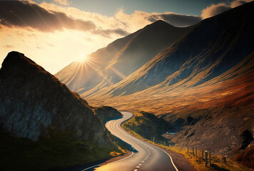 Fototapeta premium Stunning photograph of a mountain road in the sunshine. Generative AI