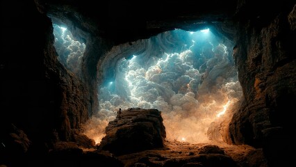 Dramatic ancient cave with smoke and lo light atmospher