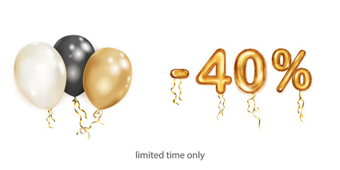 Discount creative illustration with white, black and gold helium flying balloons and golden foil numbers. 40 percent off. Sale poster with special offer on white background