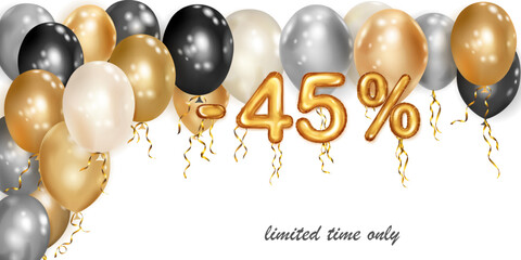 Discount creative illustration with white, black and gold helium flying balloons and golden foil numbers. 45 percent off. Sale poster with special offer on white background
