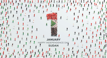 Happy Independence Day Sudan. A large group of people form to create the number 1 as Sudan celebrates its Independence Day on the 1st of January. Vector illustration.