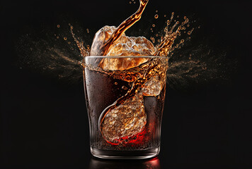 The soft carbonated cola beverage is poured into an ice filled glass. Generative AI