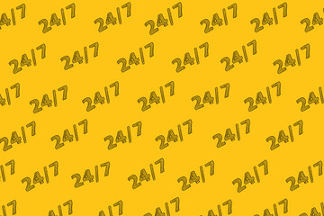 Pattern from lettering 24-7 drawn on yellow background. Contact center, call center, service center, info center, customer support. 24-hour hotline.
