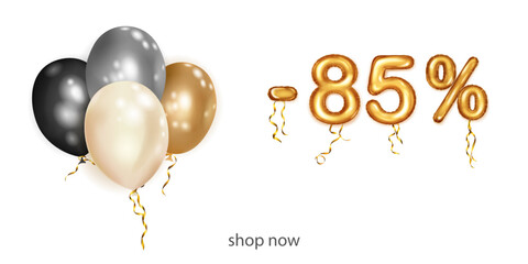 Discount creative illustration with white, black and gold helium flying balloons and golden foil numbers. 85 percent off. Sale poster with special offer on white background