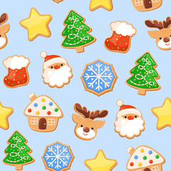 Fototapeta premium Sugar cookie Christmas seamless pattern. Gingerbread cookies repeat design. Biscuit shape of ginger bread house, santa and deer faces, snowflake, star, Christmas tree, red sock. Cute winter print.