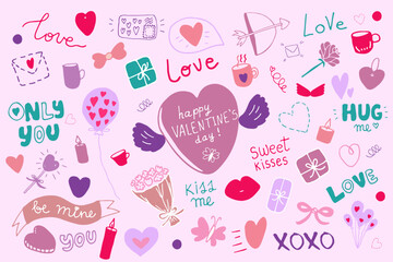 Valentine' day elements set. Heart, gifts, flowers, arrow. Template for stickers, planner, invitation, etc. Hand drawn vector illustration.