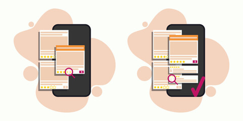 The best illustration of rating checks and product reviews. Flat design for business. Vector illustration of online shop