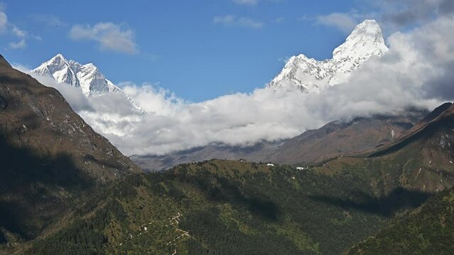 View of Mt.Ama Dablam and Mt.Lhotse view from Kyanjuma village (3,550 m) a small village in the Solukhumbu district of Nepal.