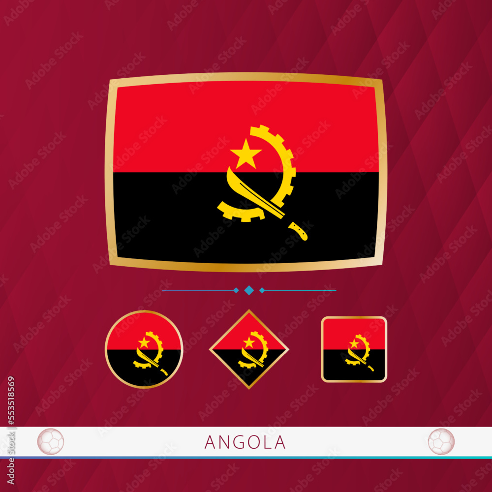 Wall mural Set of Angola flags with gold frame for use at sporting events on a burgundy abstract background.