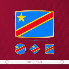 Set of DR Congo flags with gold frame for use at sporting events on a burgundy abstract background.