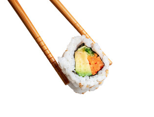chopsticks holding a piece of sushi California