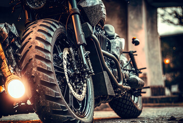 Cross motorbike in close up, parked on the ground. Generative AI
