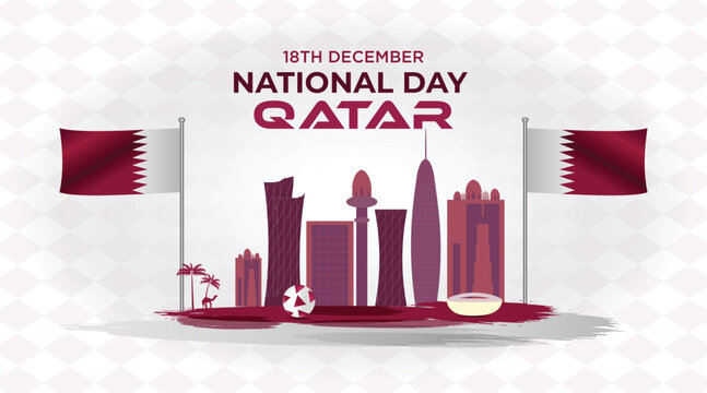 Qatar national day, Qatar independence day, December 18th. Qatari maroon color abstract flag with Doha landmarks, football and desert Illustration
