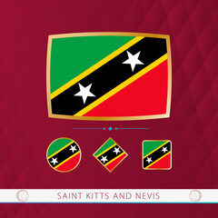 Set of Saint Kitts and Nevis flags with gold frame for use at sporting events on a burgundy abstract background.