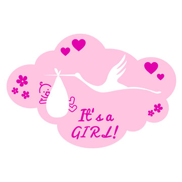 new baby girl, pink cloud with a stork, family concept, illustration over a transparent background, PNG image 