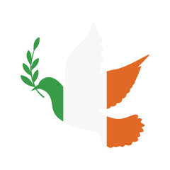 Obraz premium Dove symbol of peace and flag of Ireland. Dove with Ireland flag color. World support for Ireland. Peace symbol isolated. Vector illustration
