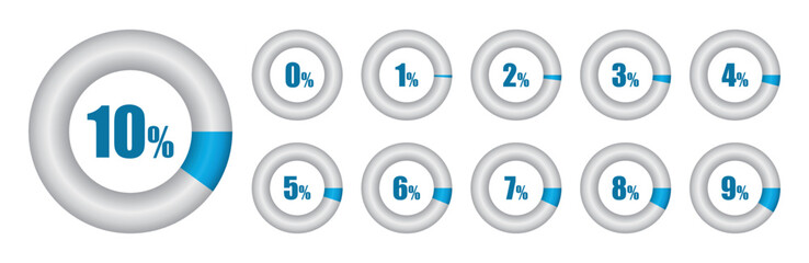 Vector set of Pie chart from 0 to 10 percent. Vector illustration.