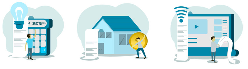  Cost of living payment illustration set. Characters calculating utility bills and worrying about costs increase. Internet, Energy and utilities consumption at home concept. Vector illustration