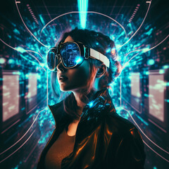 Obraz premium Generative AI female character using 3d goggles, exploring immersive metaverse experience.