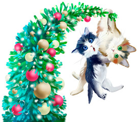 Fototapeta na wymiar Two bully cats hung on a Christmas tree
