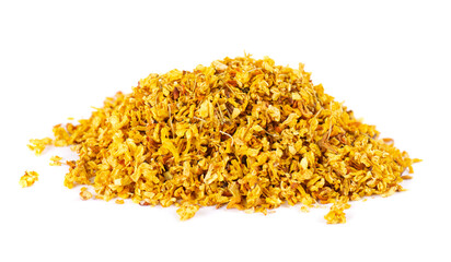 Osmanthus tea isolated on white background. Dry flowers of Osmanthus fragrans.