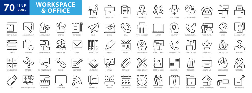 Office workspace icon collection - thin line web icon set. Outline style set. Simple vector illustration