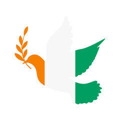 Obraz premium Dove symbol of peace and flag of Ivory Coast. Dove with Ivory Coast flag color. World support for Ivory Coast. Peace symbol isolated. Vector illustration