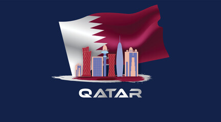 Qatar national day, Qatar independence day, December 18th. Qatari maroon color abstract flag with Doha landmarks and skyline Illustration