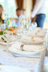 Top view of buffet table with assortment of healthy hearty food, banquet and appetizer, restaurant menu concept.