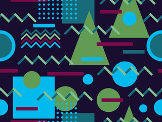 Memphis seamless pattern with geometric shapes in 80s style.