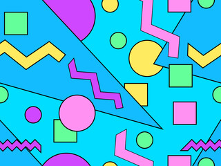 Memphis seamless pattern with geometric shapes in 80s style.
