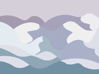 Winter landscape with snowy hills. Mountain landscape in a flat style, winter cold weather. View of the snow-capped hills. Design for prints and posters, promotional items. Vector illustration