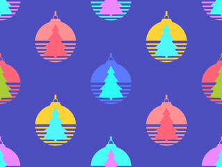 Christmas tree on the background of a Christmas tree ball in retro style of the 80s. Christmas seamless pattern. Festive design for greeting card, promotional material and banner. Vector illustration