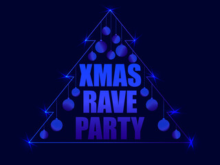 Xmas rave party. Glowing shining Christmas tree with text in futuristic style. Outline of a Christmas tree with hanging striped balls. Design for poster and banner. Vector illustration