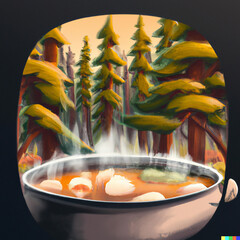 Bowl of a Soup in Pine Forest created by Generative AI