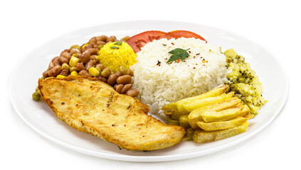 typical Brazilian meal, rice and beans, farofa, fries, tomato and salad with fried chicken fillet, called 