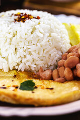 typical brazilian lunch rice and beans, grilled chicken fillet and fries, homemade food, brazilian restaurant food