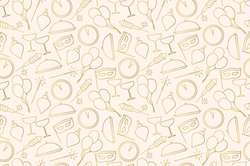 New Year Eve golden seamless pattern with champagne glasses, fireworks, sparklers, clock, christmas ball, balloons and carnival mask- vector illustration