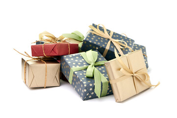 Gift boxes holiday present isolated on white. Colorful gift boxes heap. Christmas or birthday gift boxes group