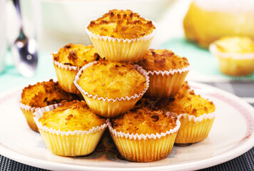 Typical sweet from Brazil and Portugal, called queijadinha or queijada. Homemade dessert, pastry from bakery or traditional confectionery, brazilian diner food