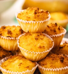Typical sweet from Brazil and Portugal, called queijadinha or queijada. Homemade dessert, pastry from bakery or traditional confectionery, brazilian diner food