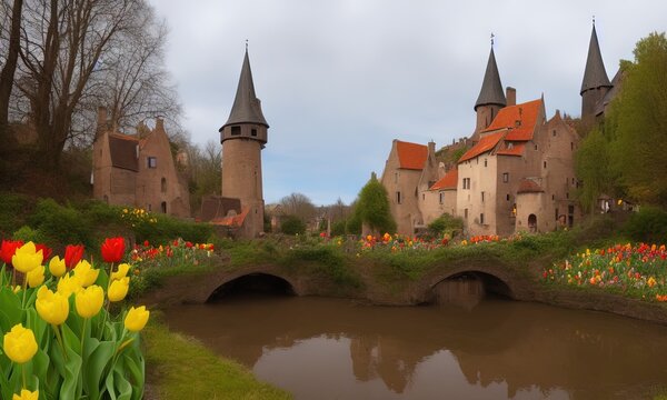 Beautiful Medieval village with Flowers